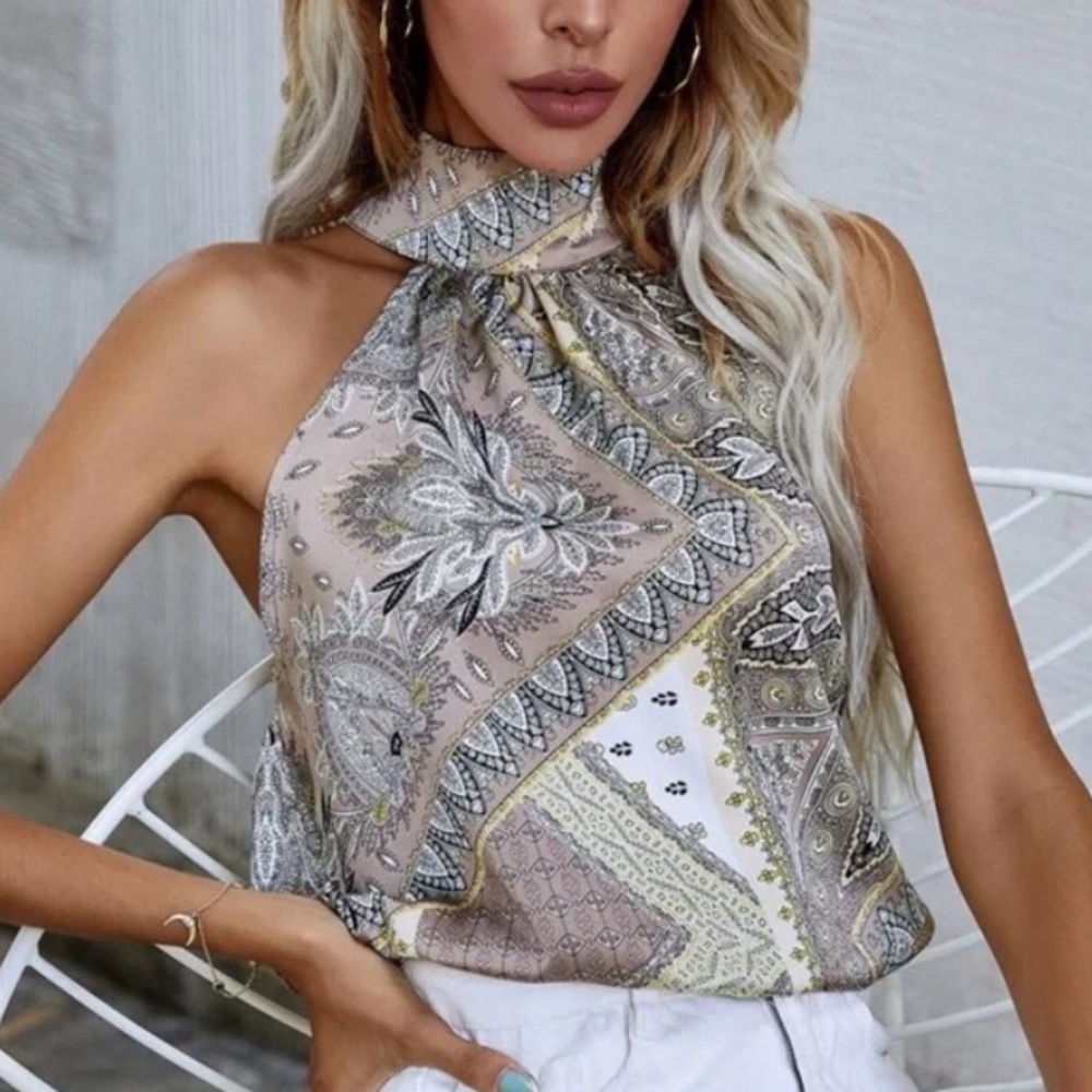 Boho Paisley Floral Print Satin Halter Tank Top - Picture 2 of 15